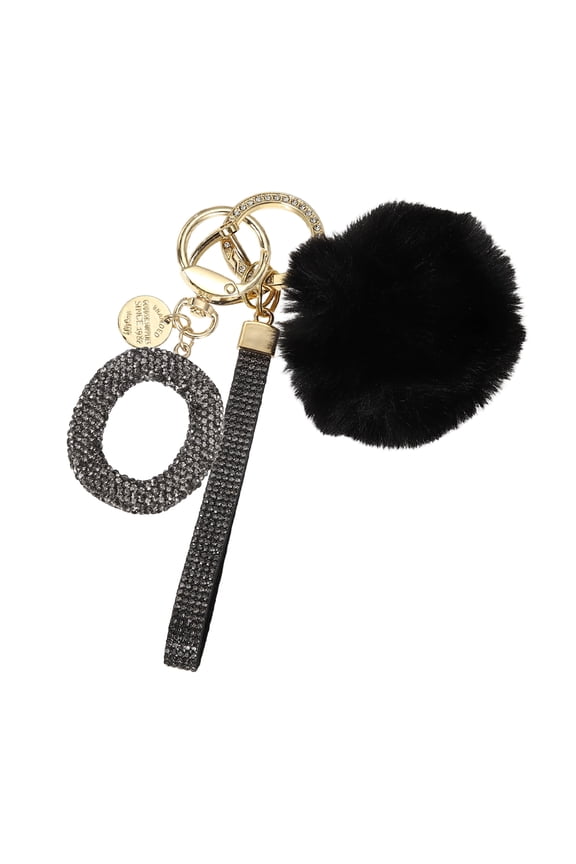 Initial Letter Keychain, Alphabet O Bling Rhinestone Keyring Key Chains Charms with Pom and Rhinestone Wristlet for Women Girls Car Key Purse Backpack Handbag Charm, Grey