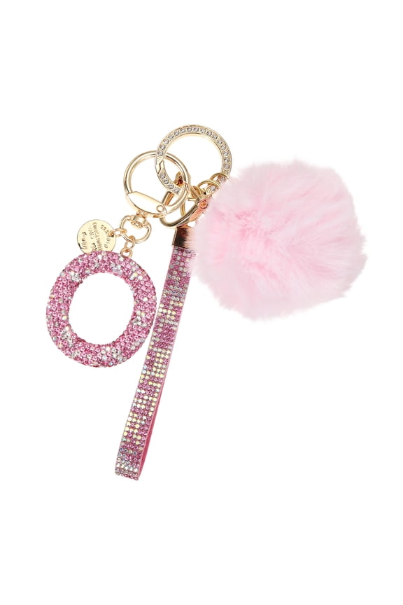 Initial Letter Keychain, Alphabet O Bling Rhinestone Keyring Key Chains Charms with Pom and Rhinestone Wristlet for Women Girls Car Key Purse Backpack Handbag Charm, Pink