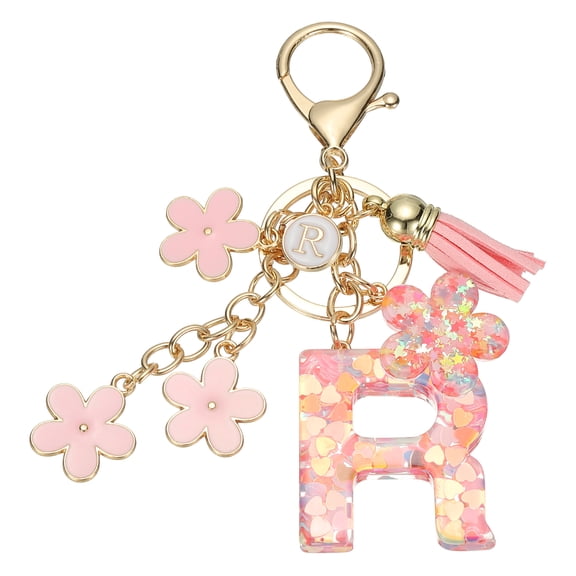 Uxcell Initial Letter Keychain, Cute Tassel Cherry Blossom Keychain Letter Keychain Charm with Flower Pendant Letter R Pink