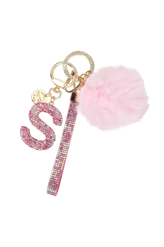 Initial Letter Keychain, Alphabet S Bling Rhinestone Keyring Key Chains Charms with Pom and Rhinestone Wristlet for Women Girls Car Key Purse Backpack Handbag Charm, Pink