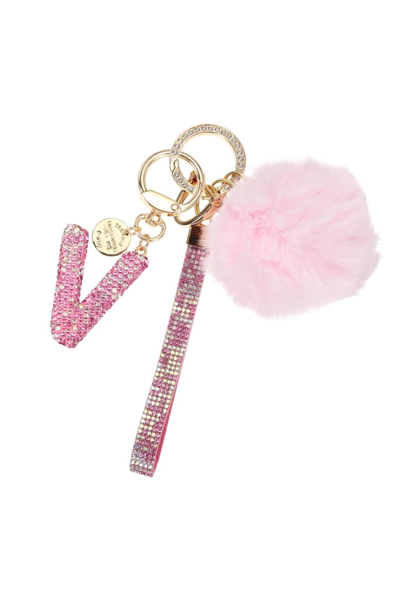 Initial Letter Keychain, Alphabet V Bling Rhinestone Keyring Key Chains Charms with Pom and Rhinestone Wristlet for Women Girls Car Key Purse Backpack Handbag Charm, Pink
