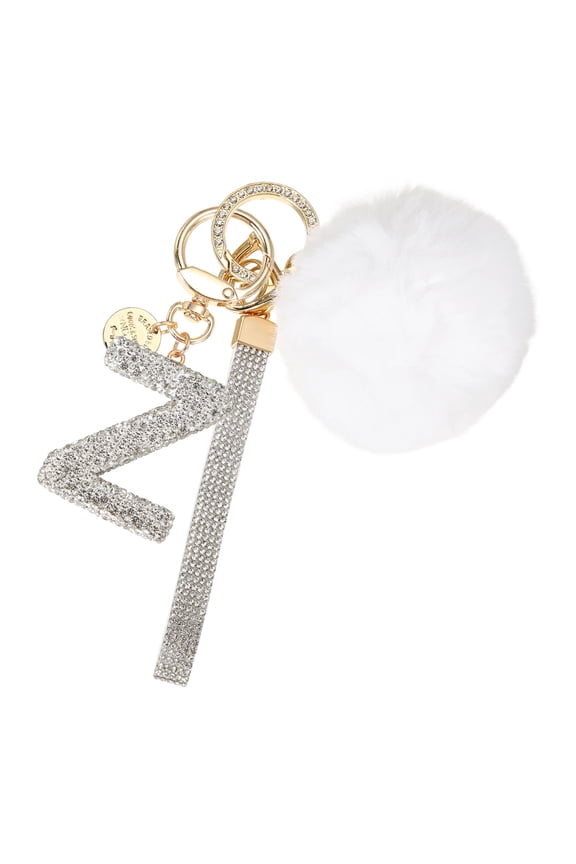 Initial Letter Keychain, Alphabet Z Bling Rhinestone Keyring Key Chains Charms with Pom and Rhinestone Wristlet for Women Girls Car Key Purse Backpack Handbag Charm, White