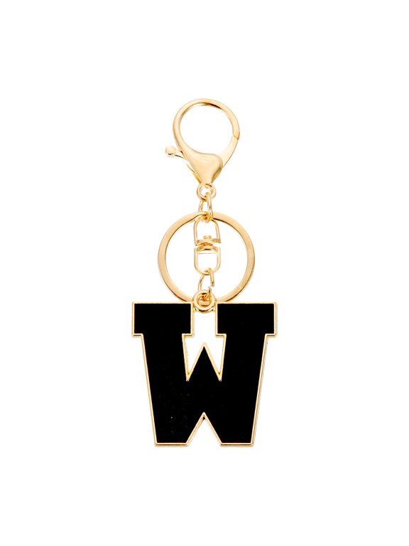 Initial Letter Keychain, Black A-Z Alphabet Keyring A-Z Letter, Personalized Metal Key Chain for Women Men Gift Purse Handbags Car Key Rings (W)