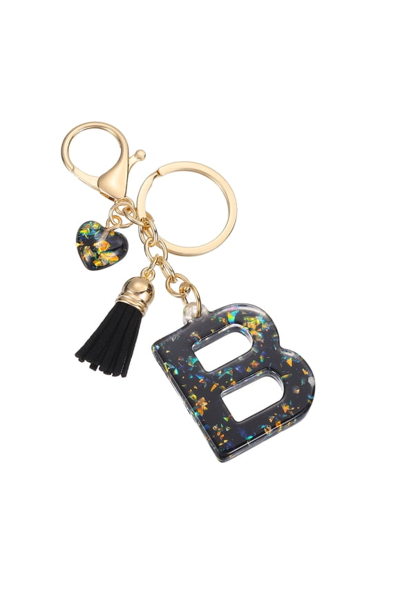 Initial Letter Keychain, Cute Letter-B Keychains Women Sparkly Bling Love Tassel Floral Charm Key Chain for Bag Backpack Purse Car Keys Accessories, Black
