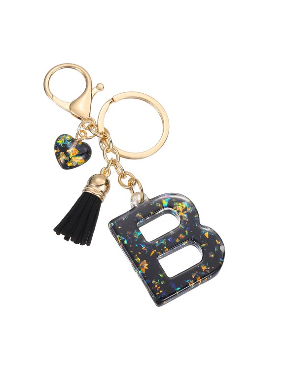 Initial Letter Keychain, Cute Letter-B Keychains Women Sparkly Bling Love Tassel Floral Charm Key Chain for Bag Backpack Purse Car Keys Accessories, Black