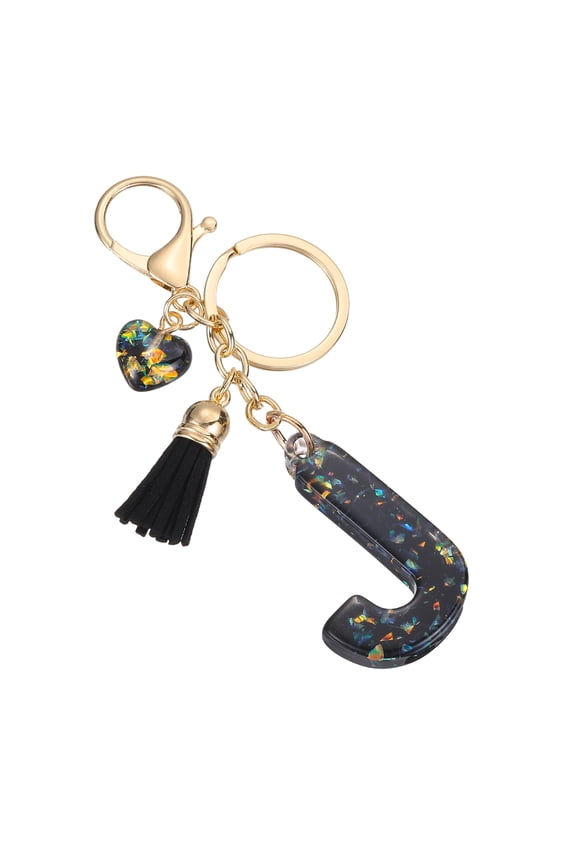 Initial Letter Keychain, Cute Letter-J Keychains Women Sparkly Bling Love Tassel Floral Charm Key Chain for Bag Backpack Purse Car Keys Accessories, Black