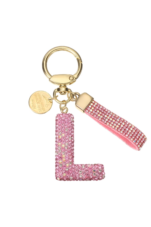 Initial Letter Keychain Cute Letter-L Sparkly Rhinestone Key Chain Charm Pink