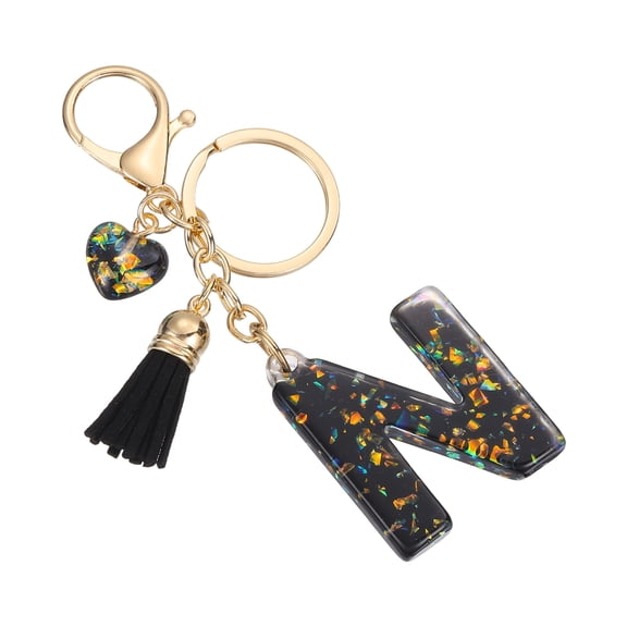 Uxcell Initial Letter Keychain, Cute Letter-N Keychains Women Sparkly Bling Love Tassel Floral Charm Key Chain for Bag Backpack Purse Car Keys Accessories, Black