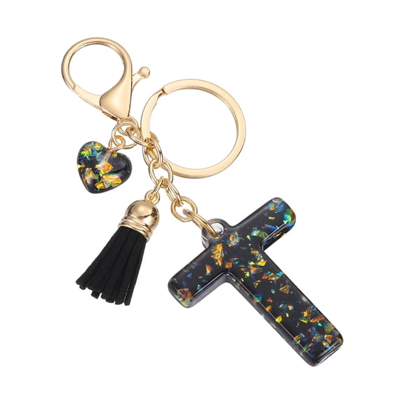 Uxcell Initial Letter Keychain, Cute Letter-T Keychains Women Sparkly Bling Love Tassel Floral Charm Key Chain for Bag Backpack Purse Car Keys Accessories, Black