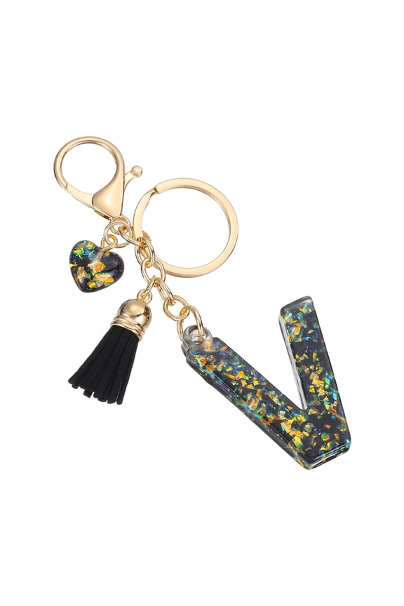 Initial Letter Keychain, Cute Letter-V Keychains Women Sparkly Bling Love Tassel Floral Charm Key Chain for Bag Backpack Purse Car Keys Accessories, Black