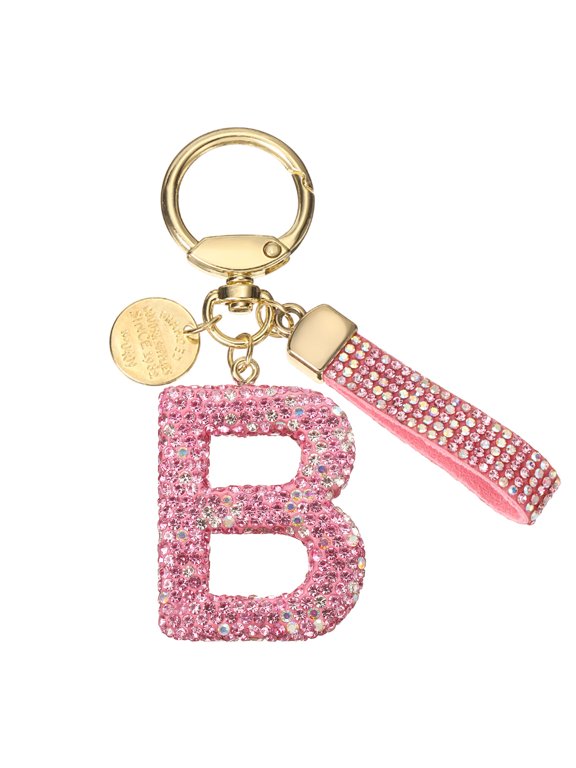 Initial Letter Keychain Cute Letter-B Sparkly Rhinestone Key Chain Charm Pink