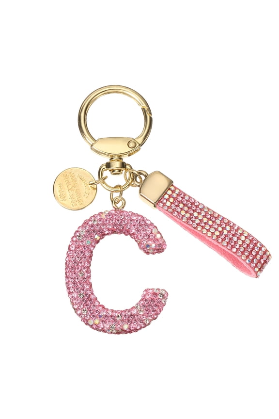 Initial Letter Keychain Cute Letter-C Sparkly Rhinestone Key Chain Charm Pink