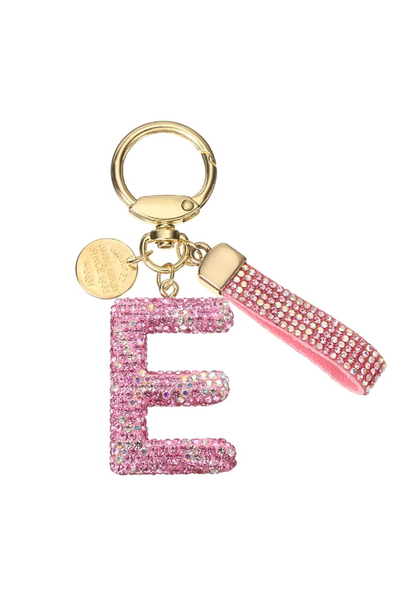 Initial Letter Keychain Cute Letter-E Sparkly Rhinestone Key Chain Charm Pink