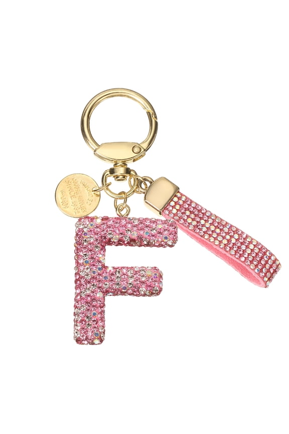 Initial Letter Keychain Cute Letter-F Sparkly Rhinestone Key Chain Charm Pink