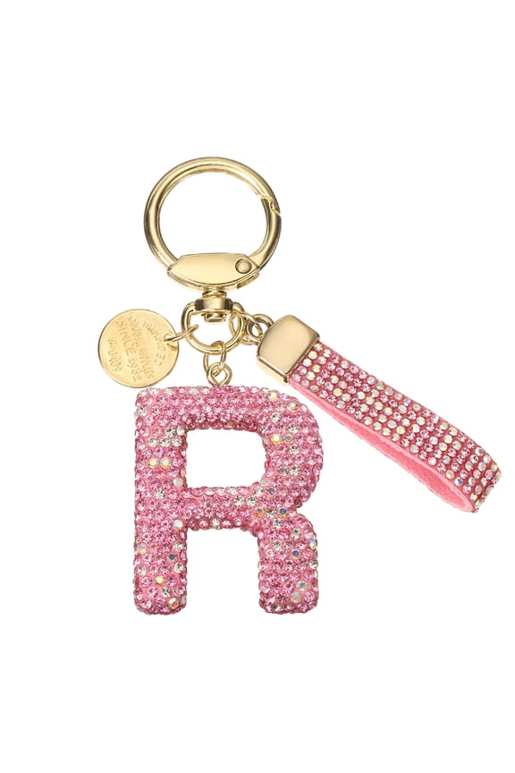 Initial Letter Keychain Cute Letter-R Sparkly Rhinestone Key Chain Charm Pink