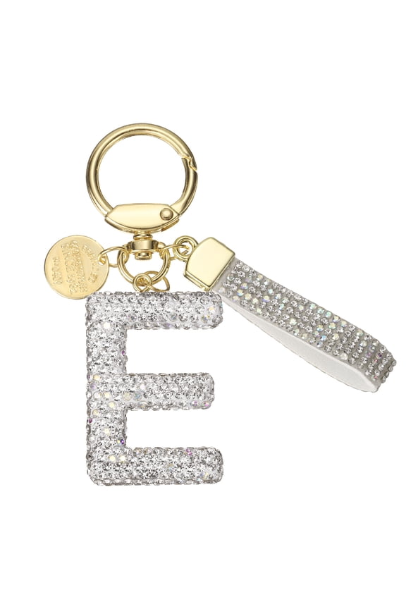 Initial Letter Keychain Cute Letter-E Sparkly Rhinestone Key Chain Charm White