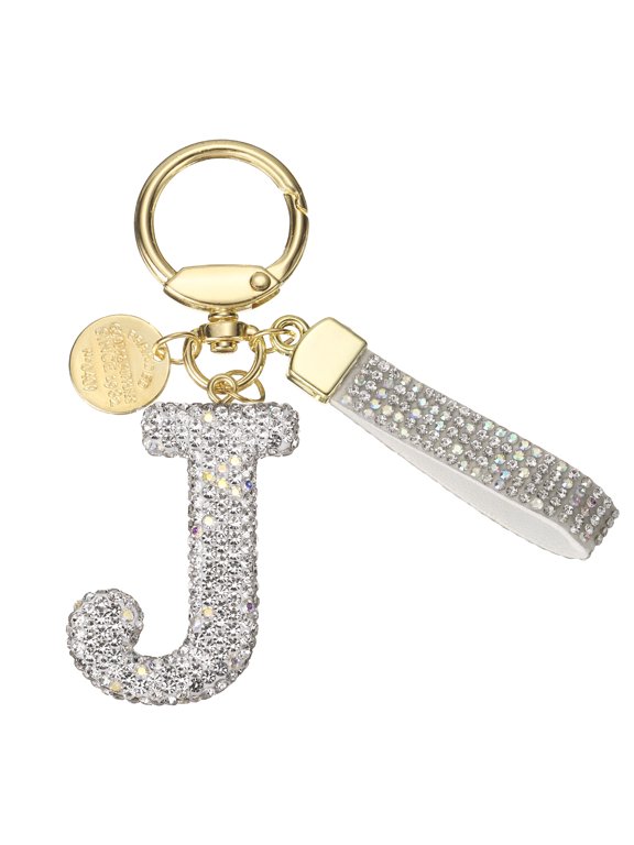 Initial Letter Keychain Cute Letter-J Sparkly Rhinestone Key Chain Charm White