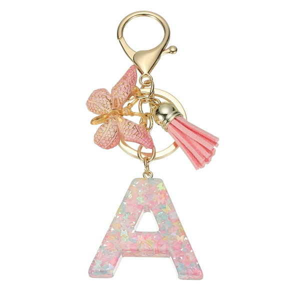 Uxcell Initial Letter Keychain, Cute Tassel Butterfly Keychain Letter Keychain Charm for Women Girls Key Purse Handbag Letter-A Pink