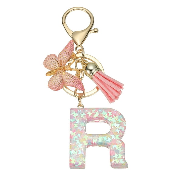 Uxcell Initial Letter Keychain, Cute Tassel Butterfly Keychain Letter Keychain Charm for Women Girls Key Purse Handbag Letter-R Pink