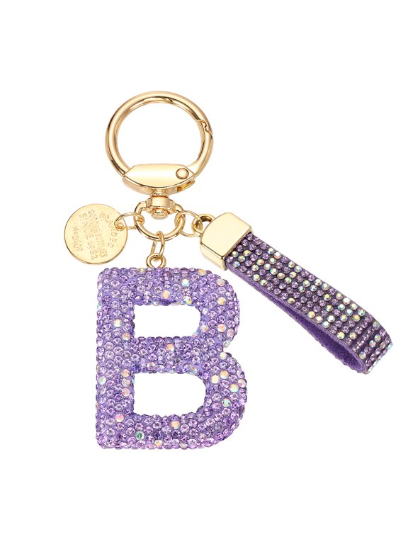 Initial Letter Keychain, Gift Bling Letter-B Key Chain for Women, Purple