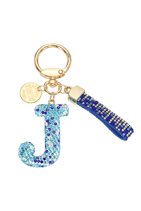 Initial Letter Keychain, Gift Bling Letter-J Key Chain for Women, Blue