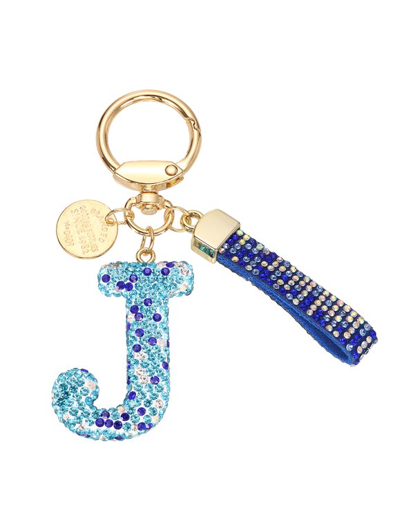 Initial Letter Keychain, Gift Bling Letter-J Key Chain for Women, Blue