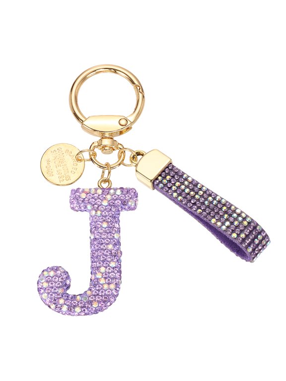 Initial Letter Keychain, Gift Bling Letter-J Key Chain for Women, Purple