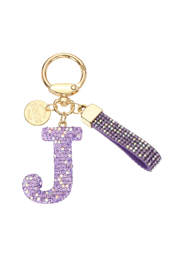 Initial Letter Keychain, Gift Bling Letter-J Key Chain for Women, Purple