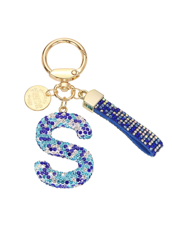 Initial Letter Keychain, Gift Bling Letter-S Key Chain for Women, Blue