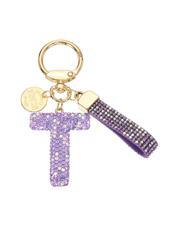 Initial Letter Keychain, Gift Bling Letter-T Key Chain for Women, Purple