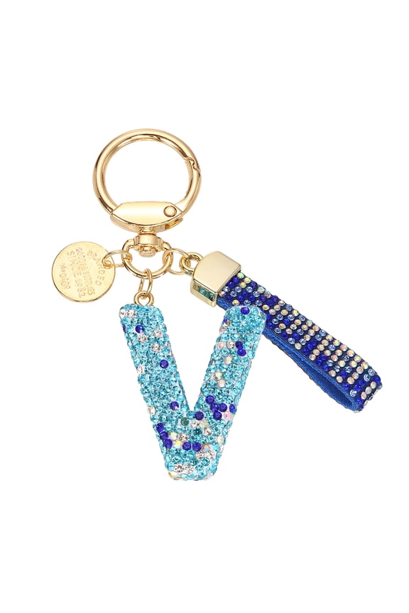 Initial Letter Keychain, Gift Bling Letter-V Key Chain for Women, Blue