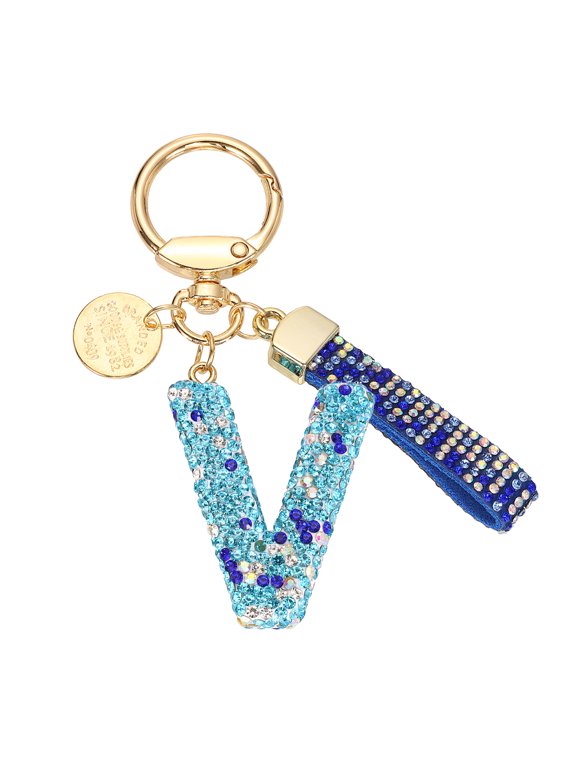 Initial Letter Keychain, Gift Bling Letter-V Key Chain for Women, Blue