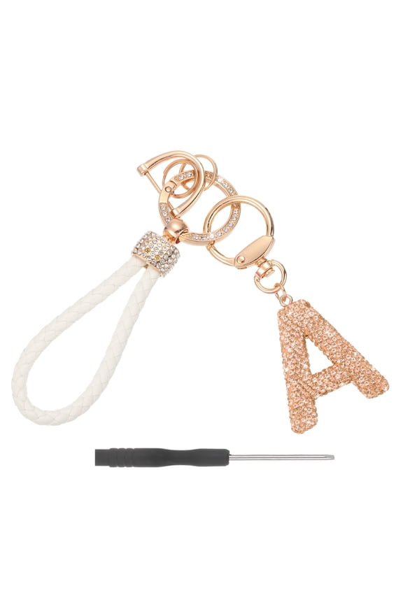 Initial Letter Keychain (Letter A) - Initial Wristlet Key Chain PU Leather Keyring Wrist Lanyard Key Rings for Men Women Handbag Backpack Decor Party Gift, Champagne