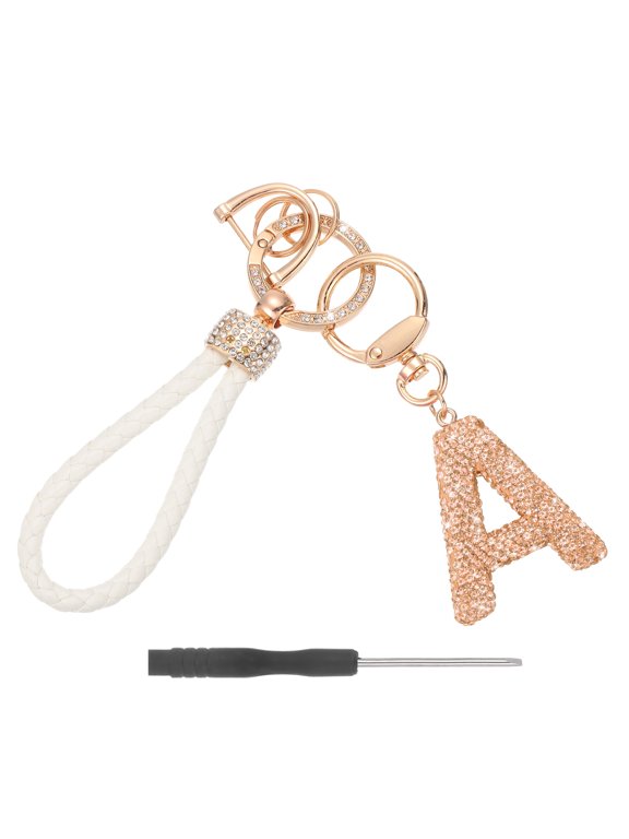 Initial Letter Keychain (Letter A) - Initial Wristlet Key Chain PU Leather Keyring Wrist Lanyard Key Rings for Men Women Handbag Backpack Decor Party Gift, Champagne