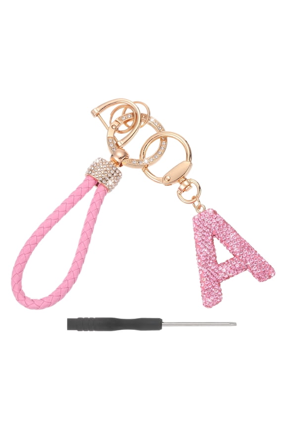Initial Letter Keychain (Letter A) - Initial Wristlet Key Chain PU Leather Keyring Wrist Lanyard Key Rings for Men Women Handbag Backpack Decor Party Gift, Pink