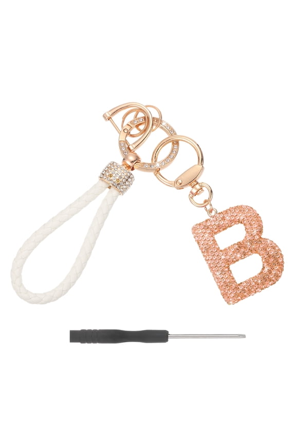 Initial Letter Keychain (Letter B) - Initial Wristlet Key Chain PU Leather Keyring Wrist Lanyard Key Rings for Men Women Handbag Backpack Decor Party Gift, Champagne