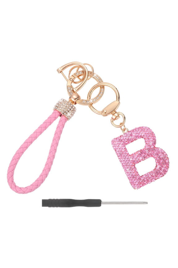 Initial Letter Keychain (Letter B) - Initial Wristlet Key Chain PU Leather Keyring Wrist Lanyard Key Rings for Men Women Handbag Backpack Decor Party Gift, Pink