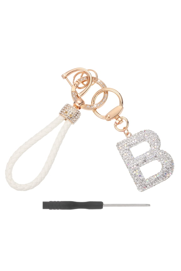 Initial Letter Keychain (Letter B) - Initial Wristlet Key Chain PU Leather Keyring Wrist Lanyard Key Rings for Men Women Handbag Backpack Decor Party Gift, White
