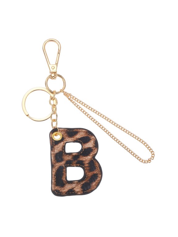 Initial Letter Keychain (Letter B) - Leopard Alphabet Key Chain PU Leather Initial Keyring for Men Women Handbag Backpack Decor Party Gift, Gold