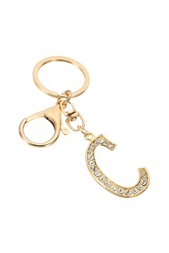 Initial Letter Keychain, Letter C Charm with Crystal Diamonds for Bag Backpack DIY Craft, Gold Tone