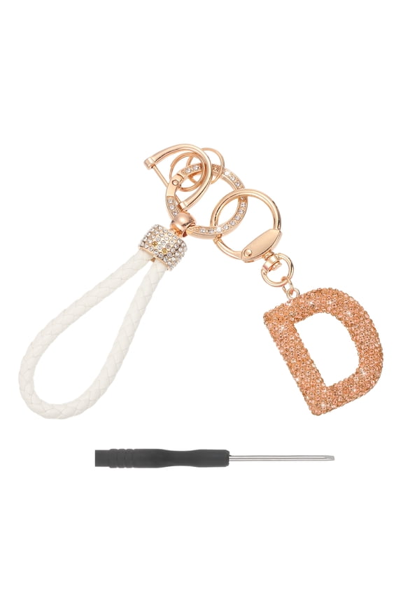 Initial Letter Keychain (Letter D) - Initial Wristlet Key Chain PU Leather Keyring Wrist Lanyard Key Rings for Men Women Handbag Backpack Decor Party Gift, Champagne