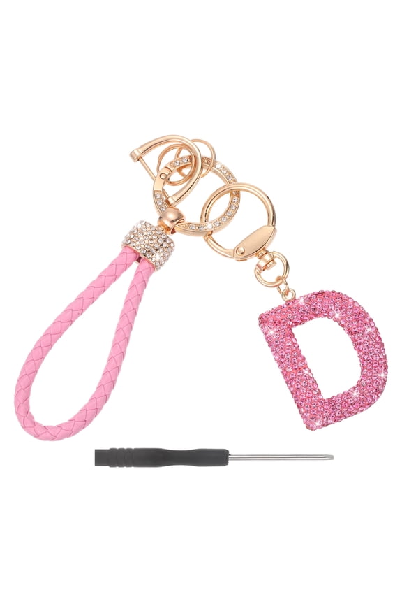 Initial Letter Keychain (Letter D) - Initial Wristlet Key Chain PU Leather Keyring Wrist Lanyard Key Rings for Men Women Handbag Backpack Decor Party Gift, Pink