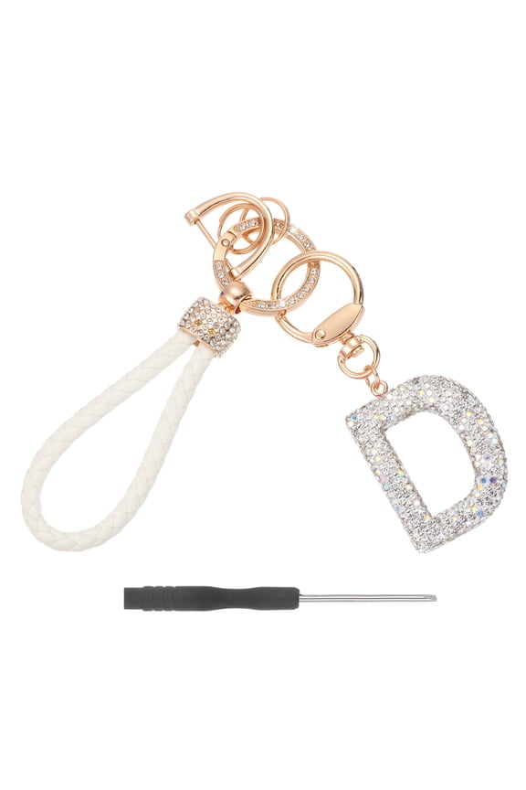Initial Letter Keychain (Letter D) - Initial Wristlet Key Chain PU Leather Keyring Wrist Lanyard Key Rings for Men Women Handbag Backpack Decor Party Gift, White