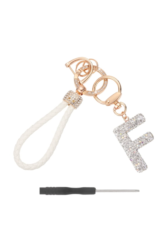 Initial Letter Keychain (Letter F) - Initial Wristlet Key Chain PU Leather Keyring Wrist Lanyard Key Rings for Men Women Handbag Backpack Decor Party Gift, White