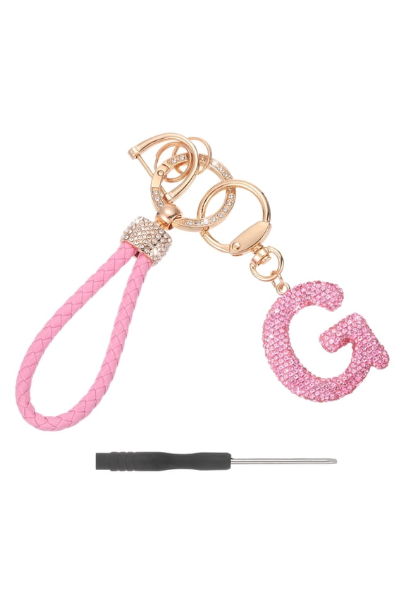 Initial Letter Keychain (Letter G) - Initial Wristlet Key Chain PU Leather Keyring Wrist Lanyard Key Rings for Men Women Handbag Backpack Decor Party Gift, Pink
