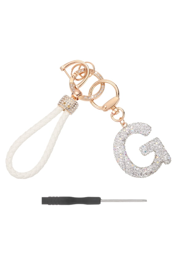 Initial Letter Keychain (Letter G) - Initial Wristlet Key Chain PU Leather Keyring Wrist Lanyard Key Rings for Men Women Handbag Backpack Decor Party Gift, White