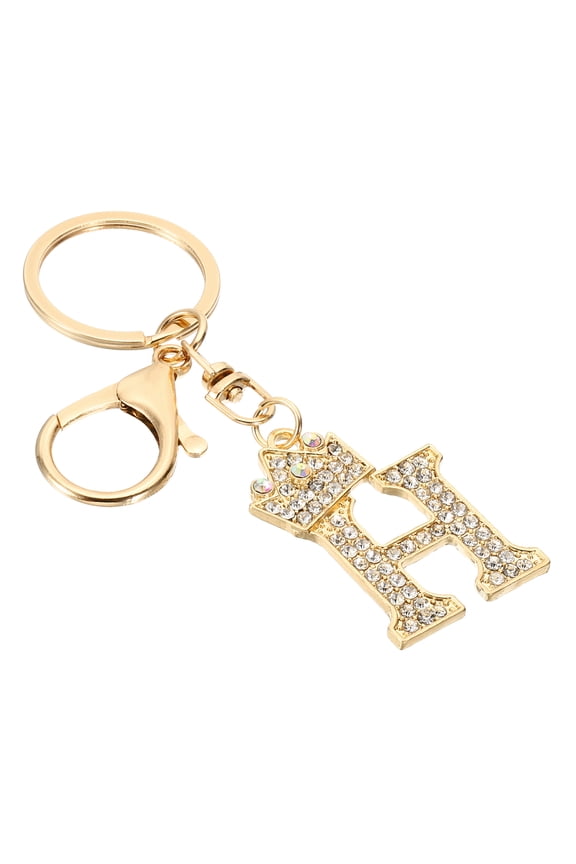 Initial Letter Keychain, Letter H Crown Design Charm with Crystal Diamonds Decorative Alphabet, Gold Tone