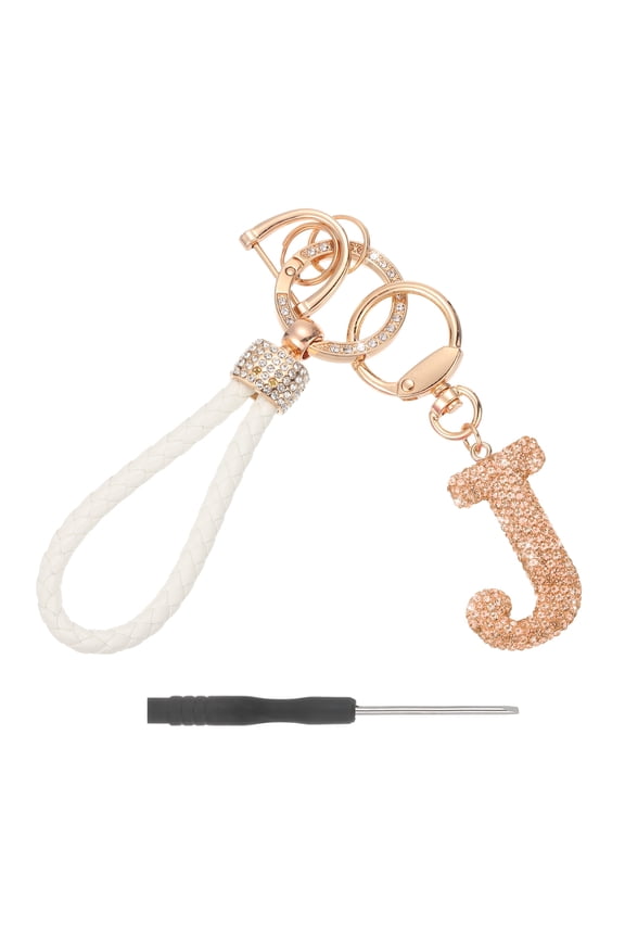 Initial Letter Keychain (Letter J) - Initial Wristlet Key Chain PU Leather Keyring Wrist Lanyard Key Rings for Men Women Handbag Backpack Decor Party Gift, Champagne