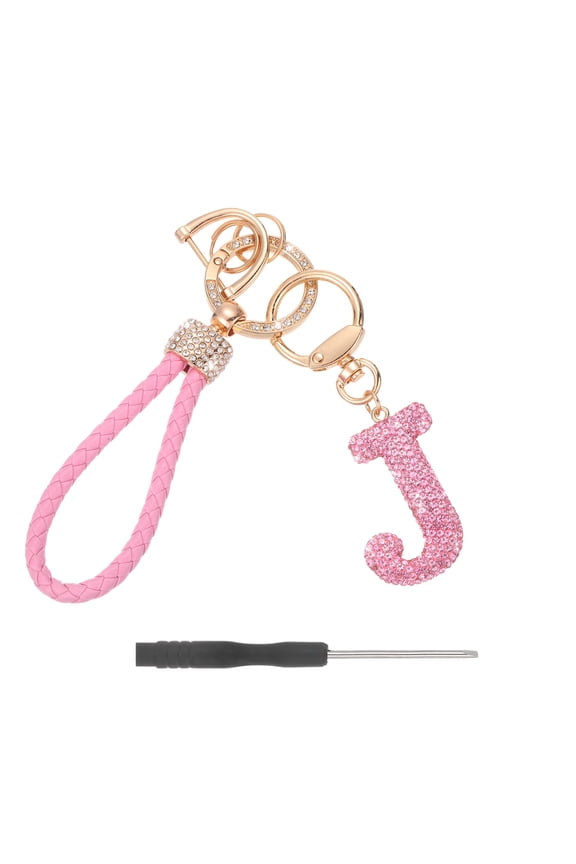 Initial Letter Keychain (Letter J) - Initial Wristlet Key Chain PU Leather Keyring Wrist Lanyard Key Rings for Men Women Handbag Backpack Decor Party Gift, Pink