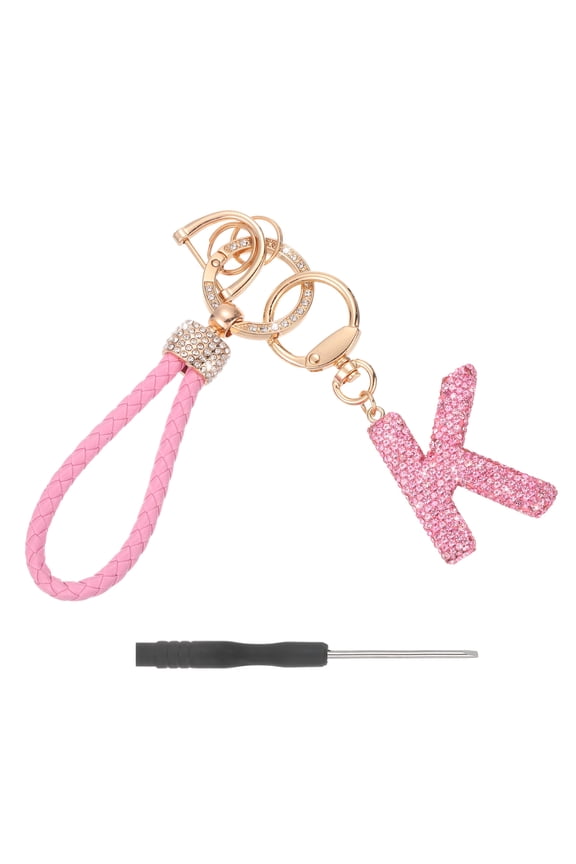Initial Letter Keychain (Letter K) - Initial Wristlet Key Chain PU Leather Keyring Wrist Lanyard Key Rings for Men Women Handbag Backpack Decor Party Gift, Pink